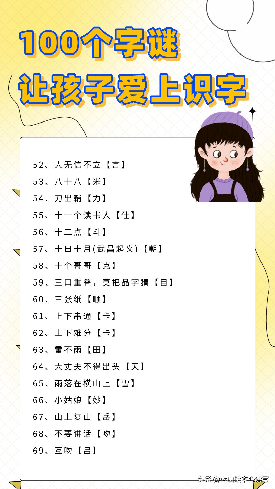 【100个字谜，让孩子爱上识字】怎样让孩子爱上识字？一定要有活泼、有效的方法。猜字谜就是其中的一种好...