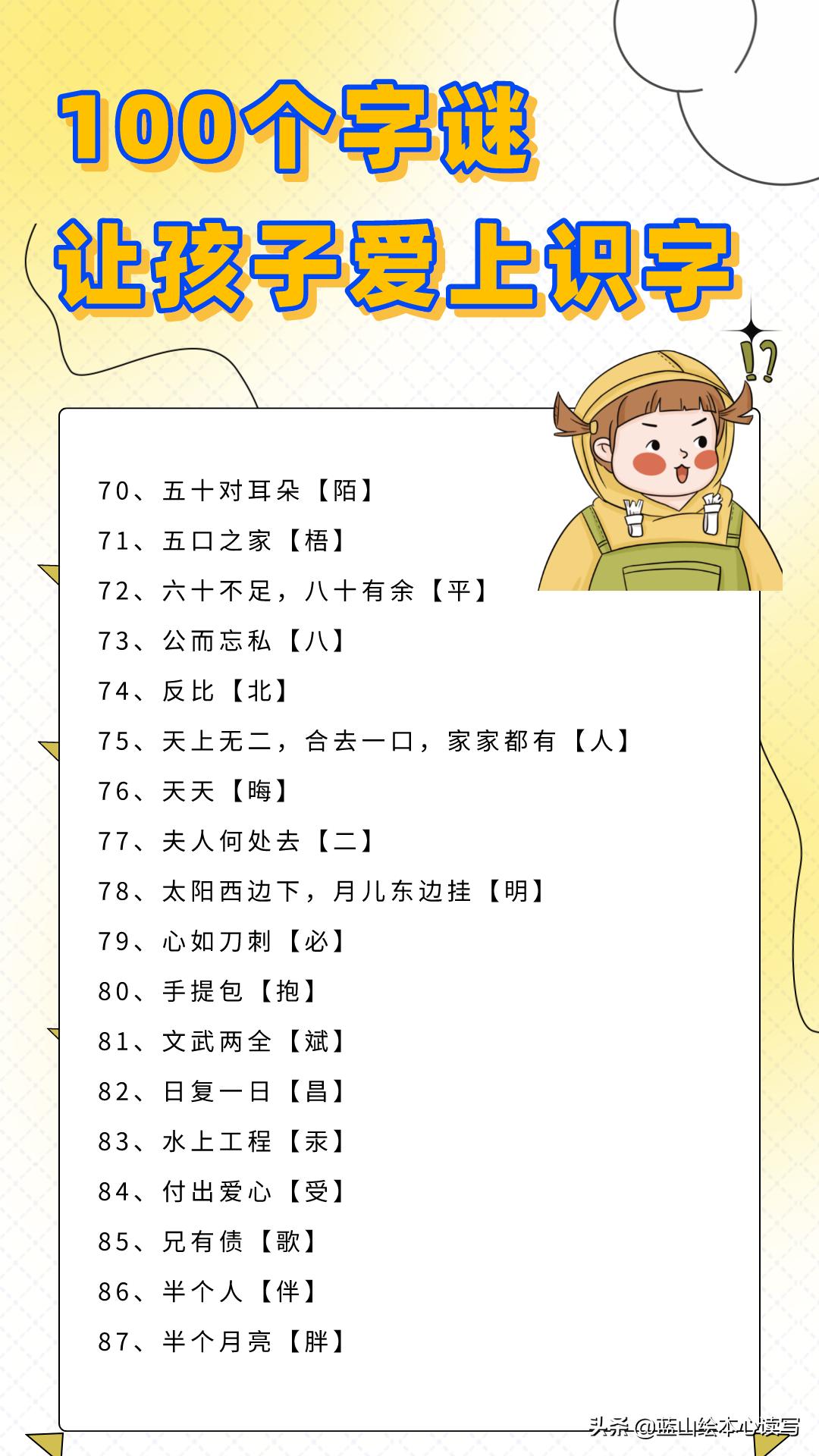 【100个字谜，让孩子爱上识字】怎样让孩子爱上识字？一定要有活泼、有效的方法。猜字谜就是其中的一种好...