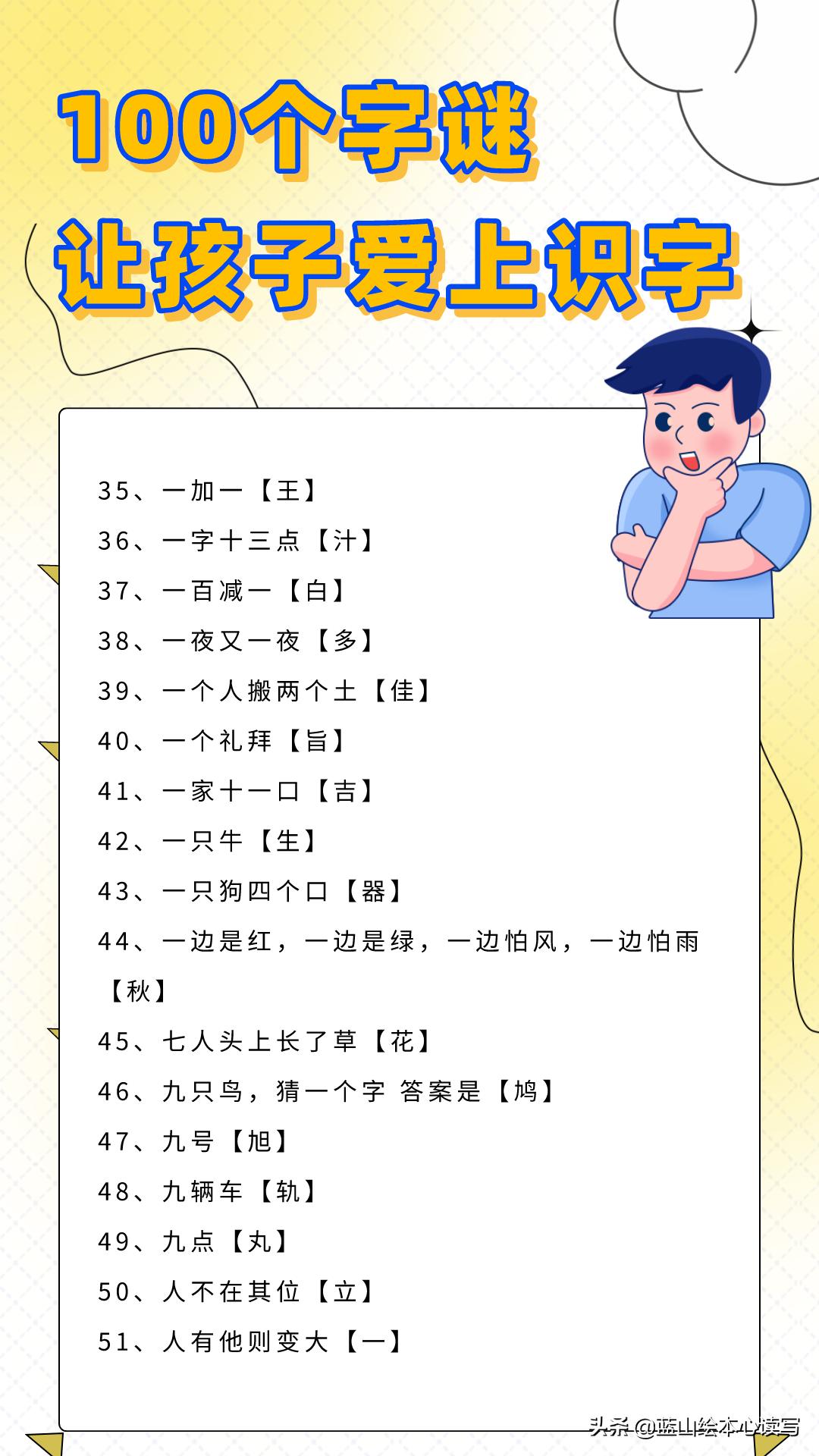 【100个字谜，让孩子爱上识字】怎样让孩子爱上识字？一定要有活泼、有效的方法。猜字谜就是其中的一种好...