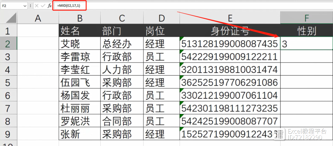 MID函数，提取身份证中的性别！